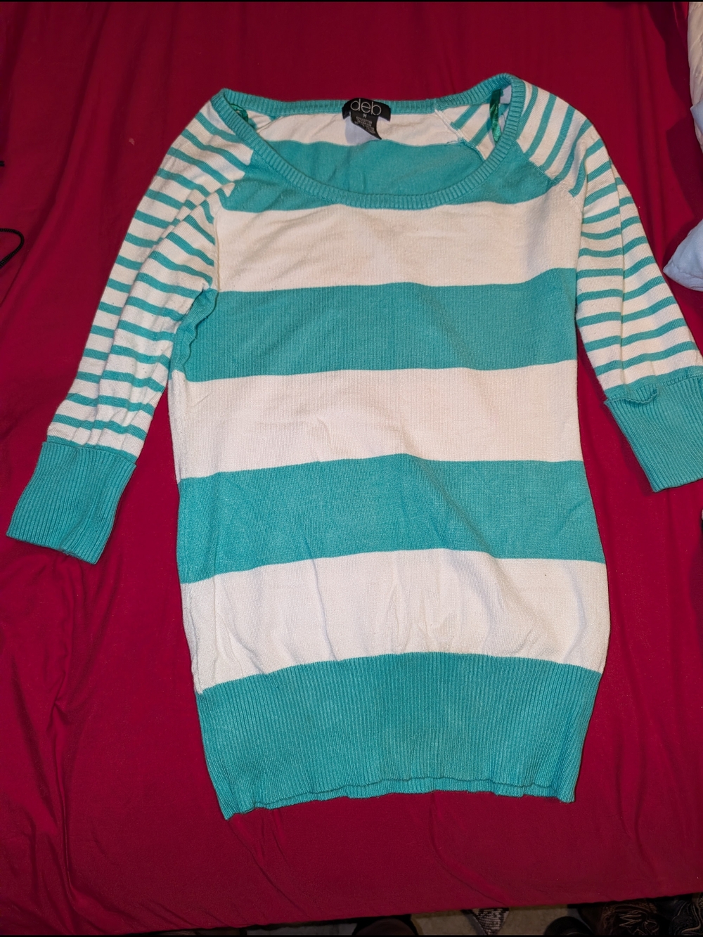Deb Teal and White Striped Off-Shoulder Sweater